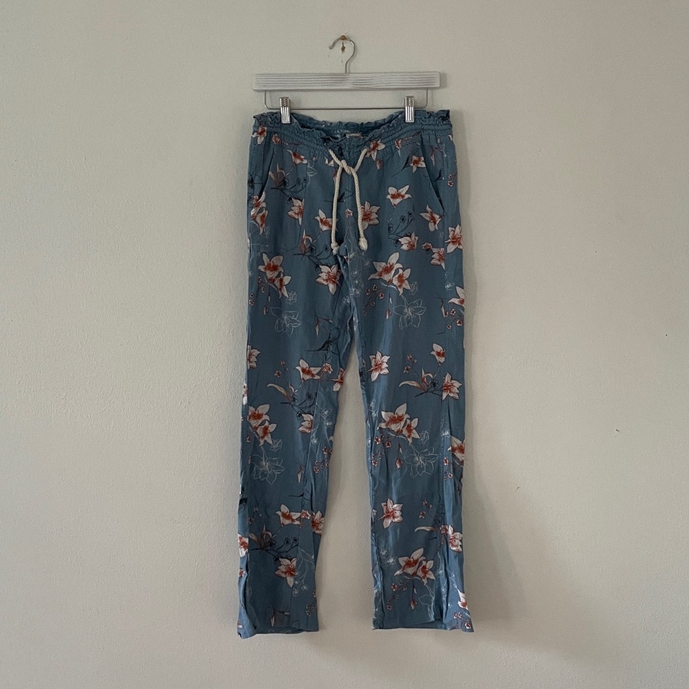 ROXY Linen Blend Pants Drawstring Floral Beachy